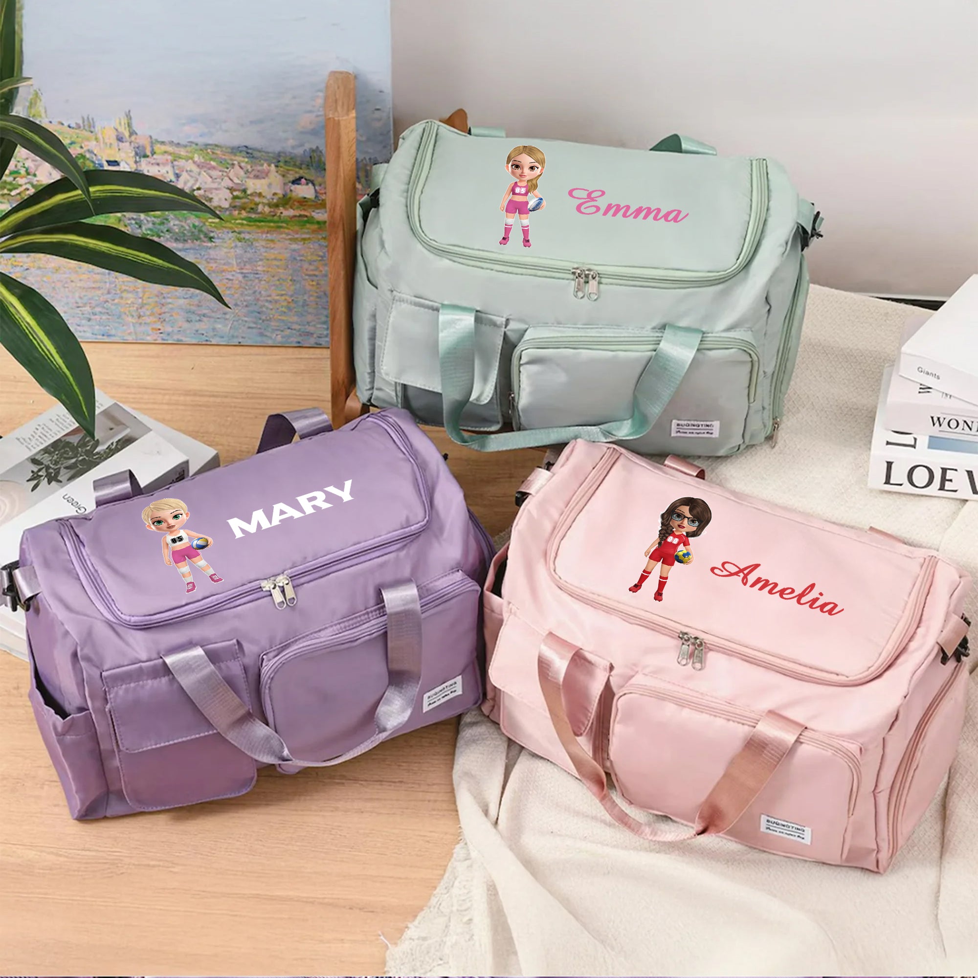 Bolsa de viaje personalizada con nombre personaje animado deportivo y múltiples compartimentos regalo de cumpleaños para amantes del deporte