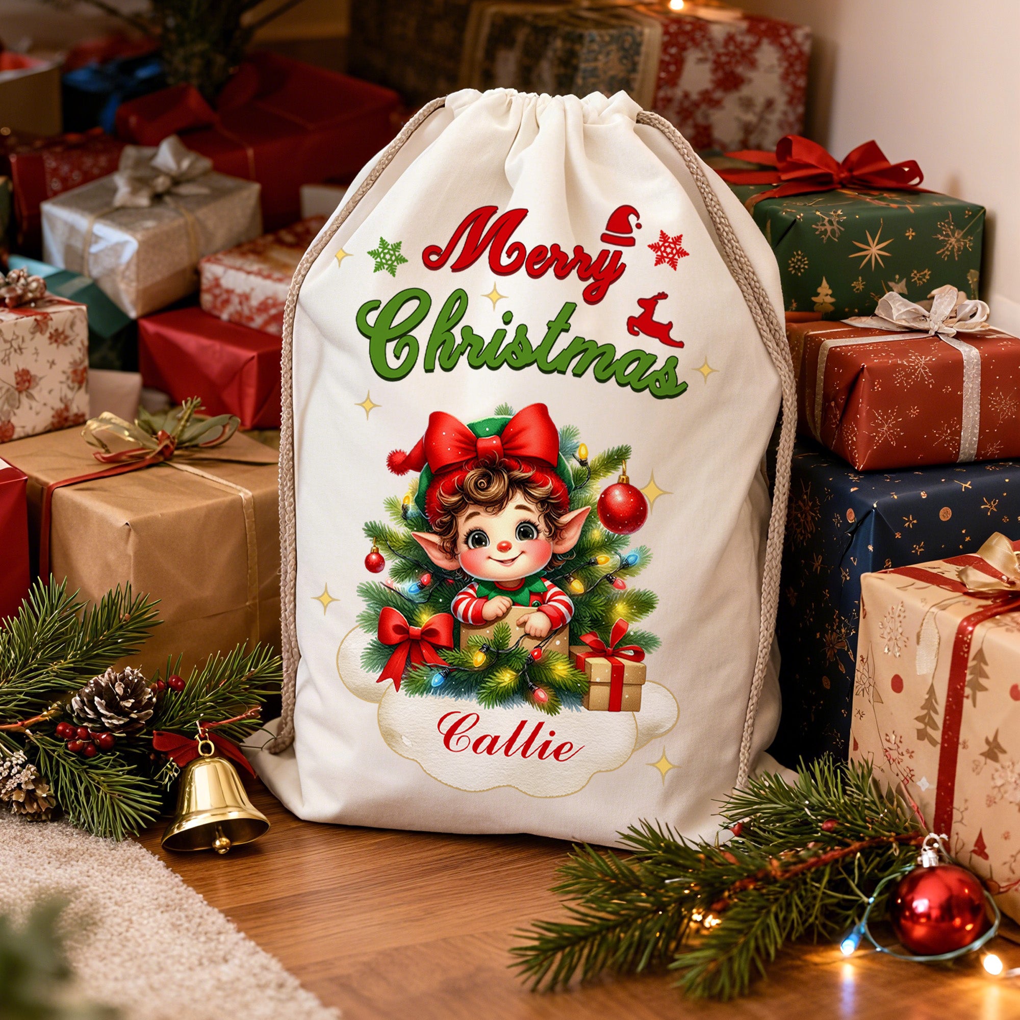 Personalizada Feliz Navidad Lindo Elfo de dibujos animados bolsa de regalo de lona con el nombre de Navidad Fiesta de Favores para los niños de la familia