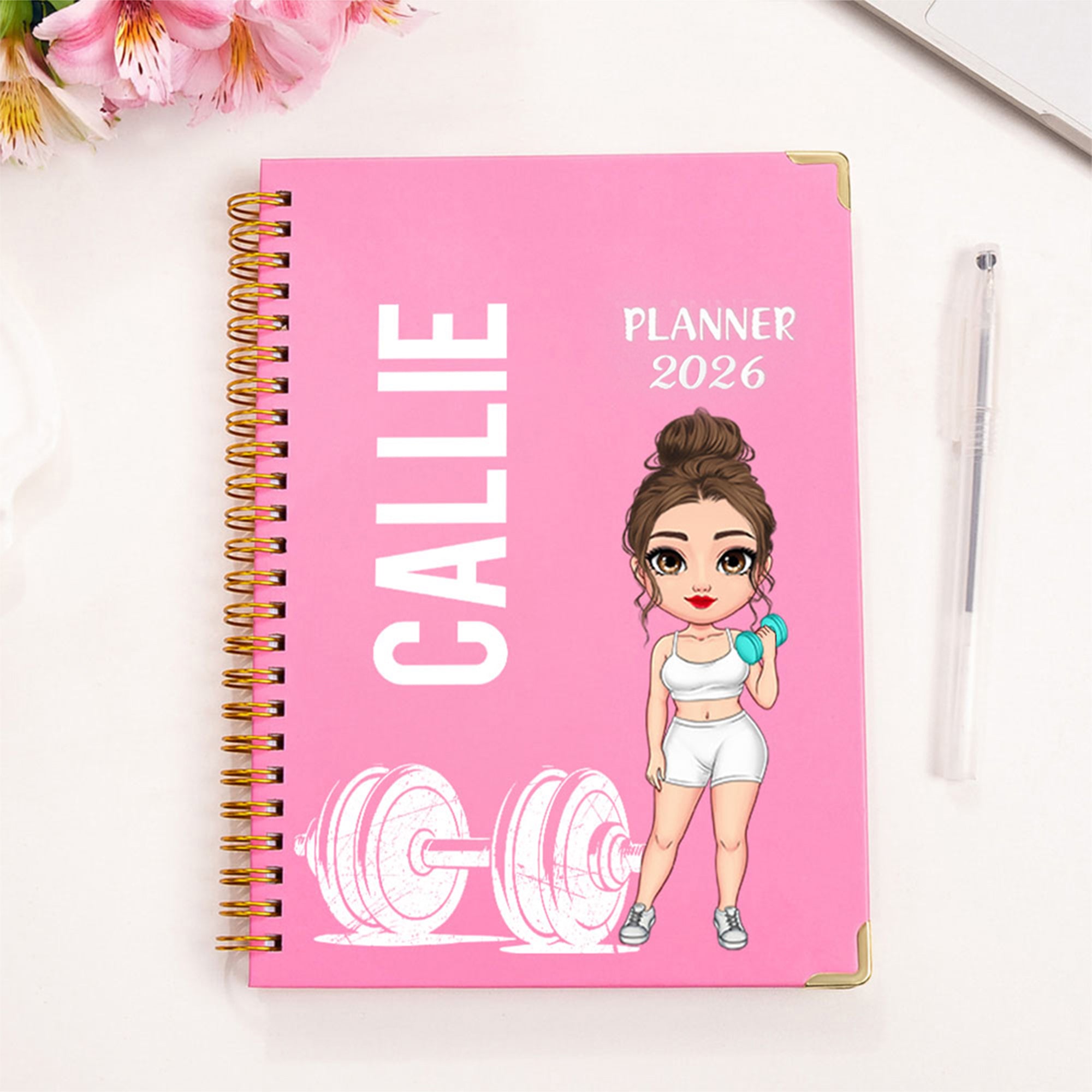 Planificador personalizado de dibujos animados con el nombre del personaje de fitness 2026 Cuaderno espiral A5 con páginas semanales, mensuales y planificadoras Regalo de cumpleaños de Año Nuevo para