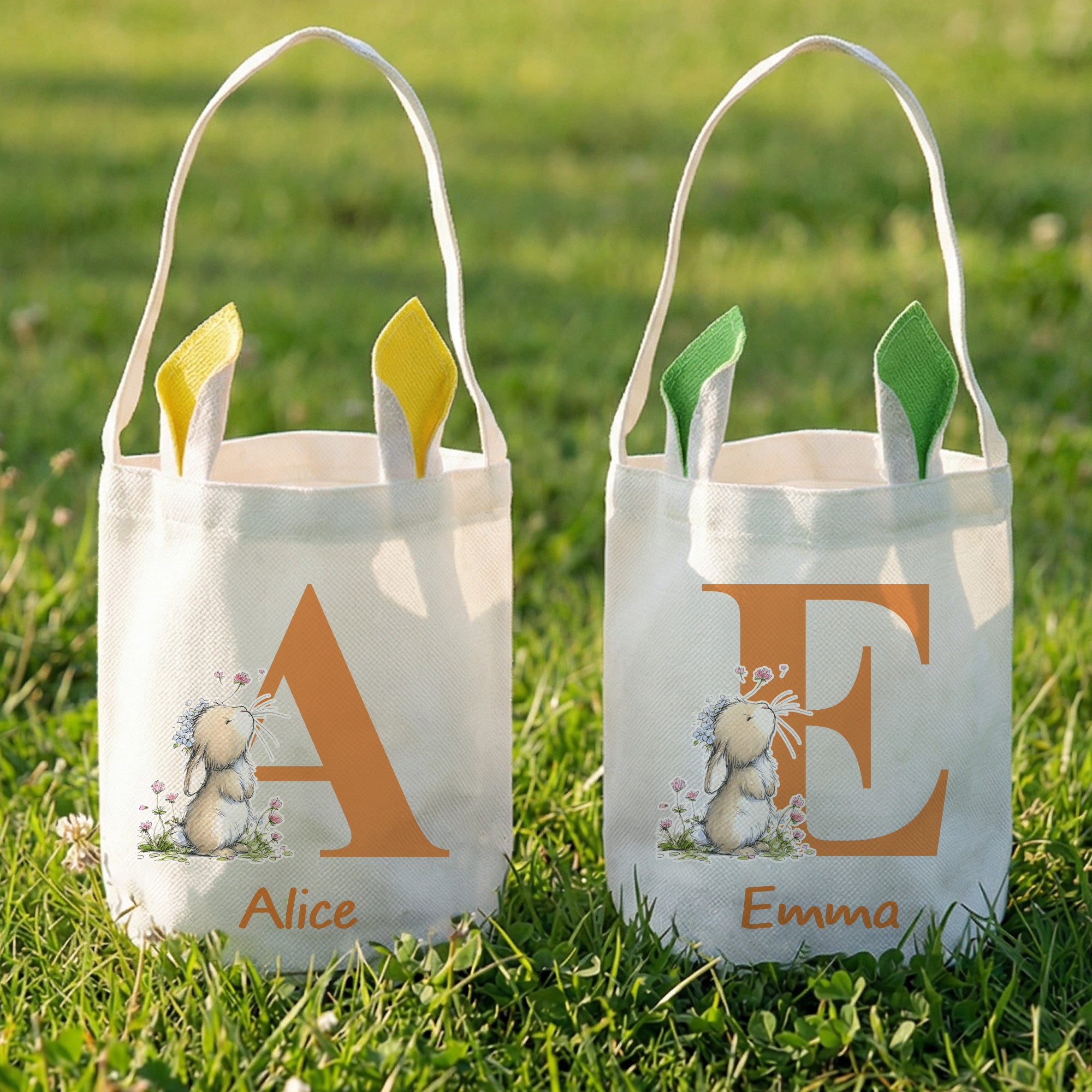 Cesta de Pascua con Orejas de Conejito Personalizada con Nombre e Inicial Regalo de Pascua para Niños Niñas