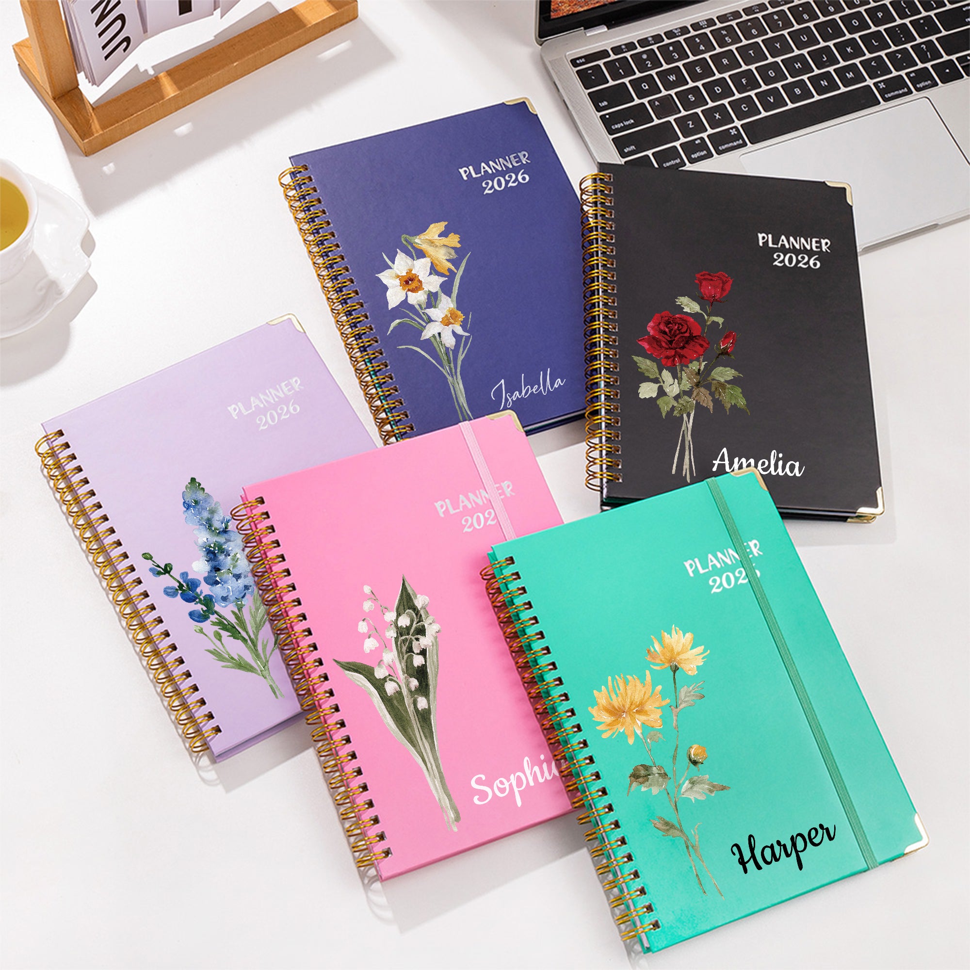 Personalizada Nacimiento Flor Nombre 2026 Planificador Cuaderno A5 con páginas de planificación semanal mensual y pestañas Regalo de cumpleaños de oficina para compañeros de trabajo Amigos