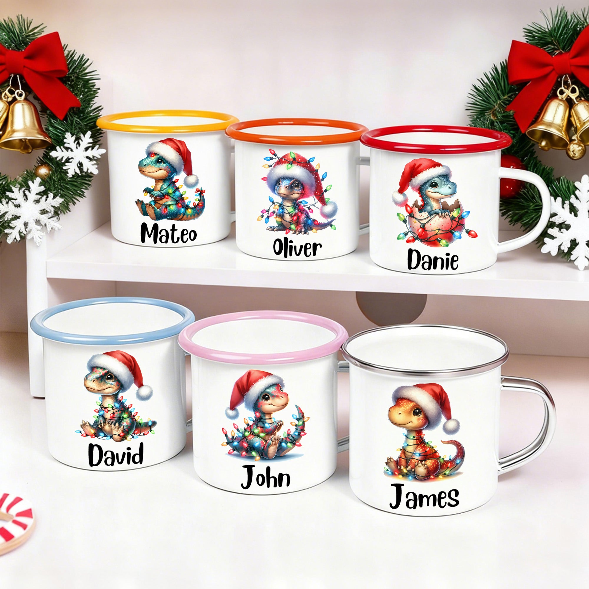 Iluminación personalizada lindo dinosaurio de dibujos animados 12 oz taza de esmalte con el nombre de cumpleaños Regalo de Navidad para los niños amantes de los dinosaurios
