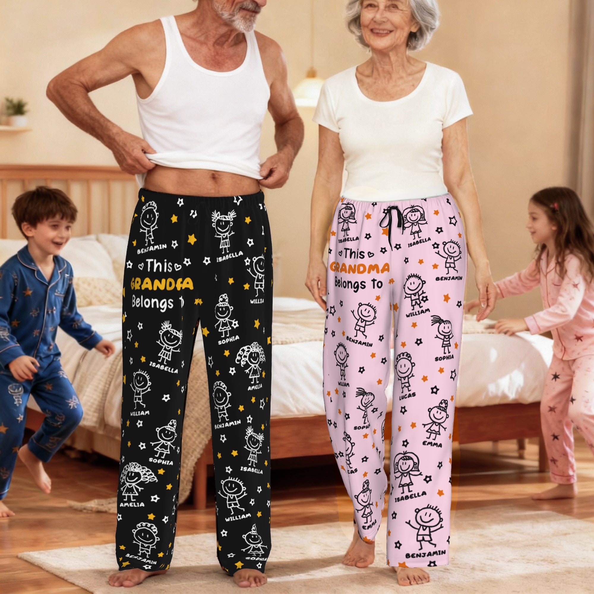 Pantalones de pijama personalizados con nombre y bolsillo para niños con dibujo lineal Regalo de cumpleaños aniversario para abuelos padres familia