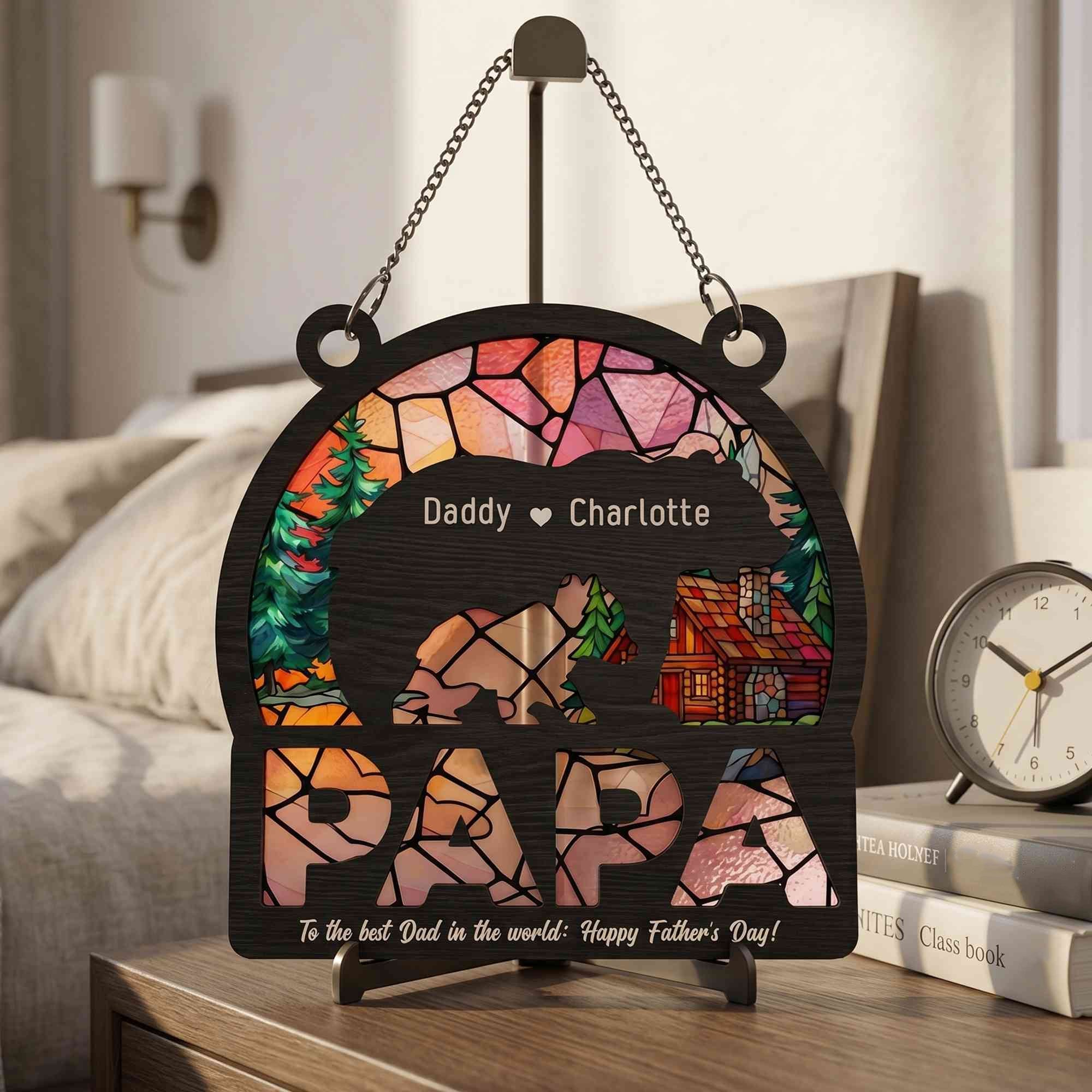 Personalizar Oso Padre e Hijo Parasol Acrílico con Nombres y Texto para Colgar en la Ventana Decoración del Hogar Regalo para el Día del Padre