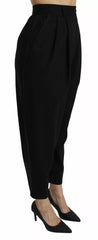 Women's Black Wool High Waist Pleat Front Cropped Pants Virgin Elastane