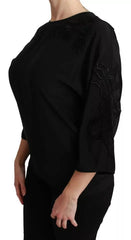 Women's Black Floral Embroidered Blouse Silk Top