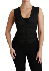 Women's Black Lace Waistcoat Slim Vest Silk Top