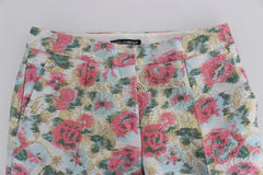 Women's White Pink Floral Brocade Pants Polyamide