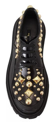 Women's Black Leather Trekking Derby Embellished Shoes