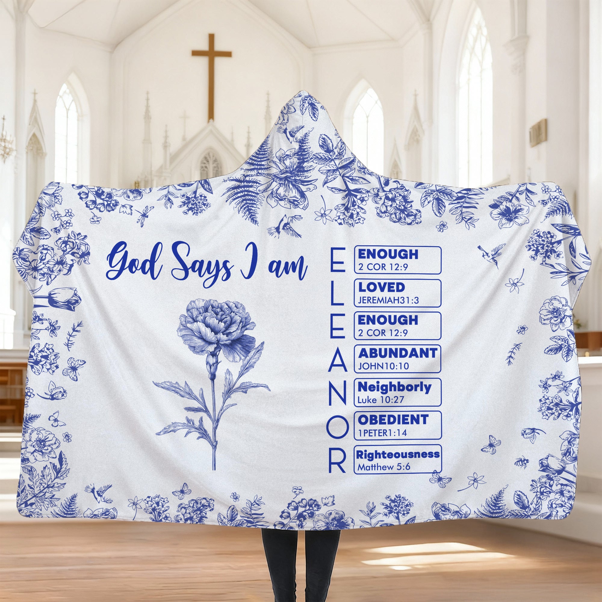 Personalizada Toile De Jouy Nacimiento Flor Biblia Capítulo Suave manta con capucha con nombre Bautizo Cumpleaños Navidad Regalo para los cristianos