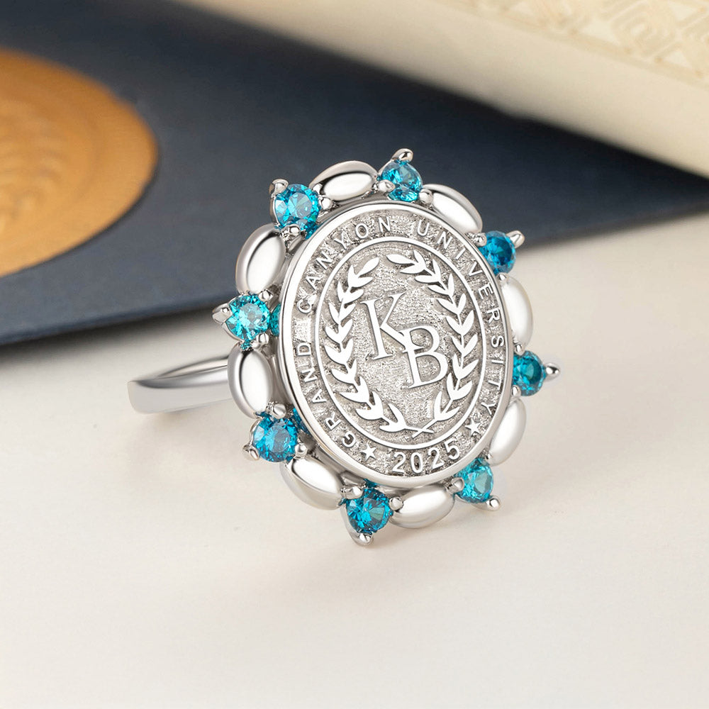 Personalizada Piedra de Nacimiento Inicial Grabado Colegio Signet Anillo con el Año y el Nombre de la Escuela Secundaria Universidad Graduación Regalo para Graduados
