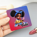 Personalizado de dibujos animados Negro Chica de doble cara 1X 2X PU Espejo de maquillaje de cuero con nombre Cumpleaños Aniversario Regalo para Mujeres Niñas