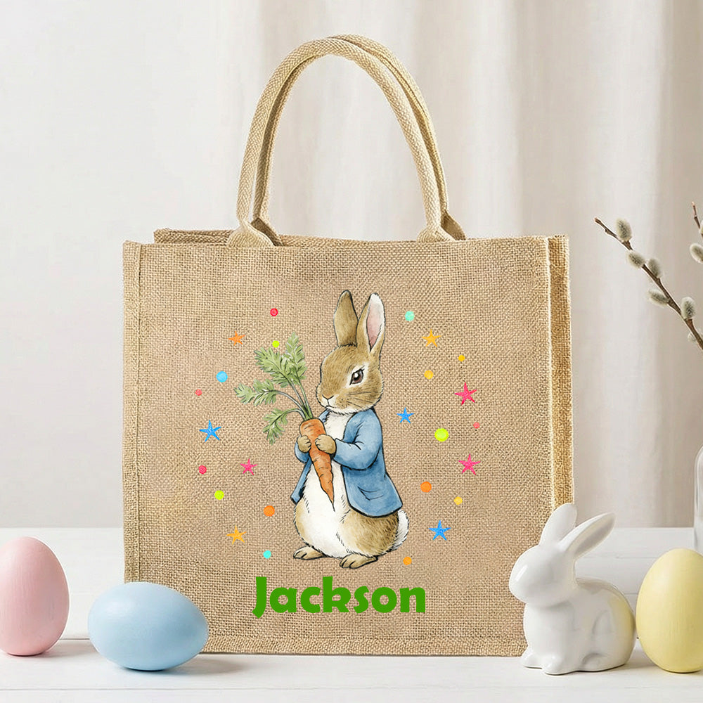 Conejo Peter personalizado Bolsa de yute grande con nombre Fiesta de Pascua Regalo para niños