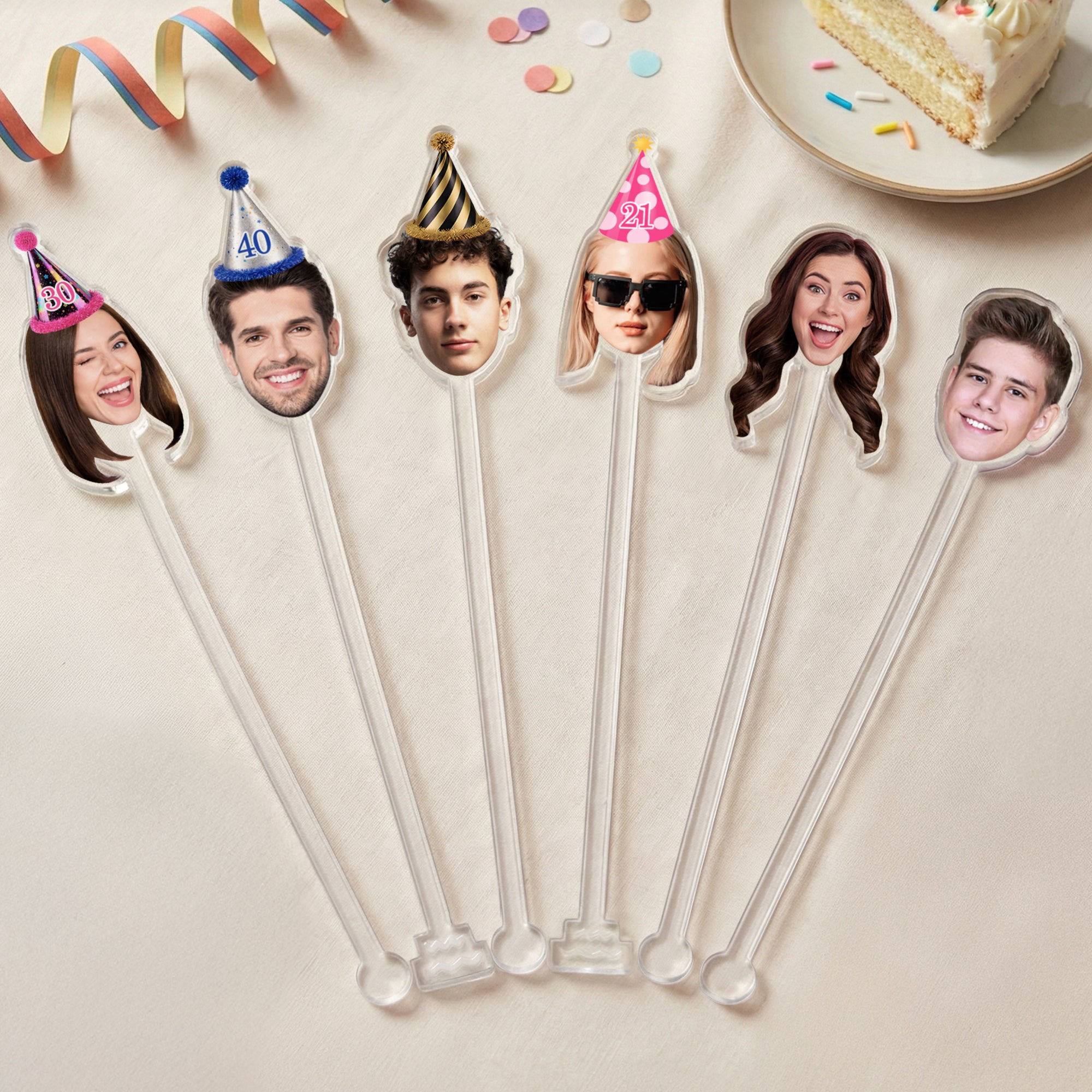 Personalizado Cumpleaños Sombrero Cara Foto Cóctel Palillo de acrílico Drink Stirrer con la edad Cumpleaños Fiesta Decoración Regalo para Amigos