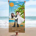 Toalla de Playa Personalizada con Caricatura de Playa de Secado Rápido con Foto de Cara y Nombre Regalo de Viaje de Novios Luna de Miel para Recién Casados
