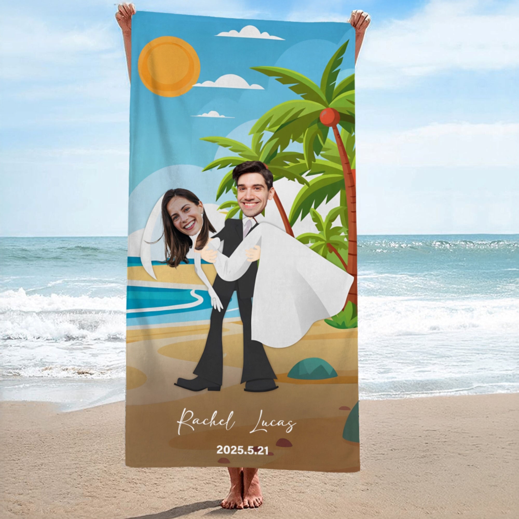 Toalla de Playa Personalizada con Caricatura de Playa de Secado Rápido con Foto de Cara y Nombre Regalo de Viaje de Novios Luna de Miel para Recién Casados
