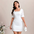 Bridal Wedding Dress White Short Sleeve Short Square Sheath Satin