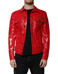 Men's Red Polyester Button Down Collared Jacket Clothing