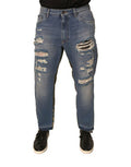 Men's Blue Tattered Straight Cropped Denim Jeans Cotton Clothing