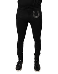 Men's Black Horseshoe Embellished Wool Slim Fit Pants