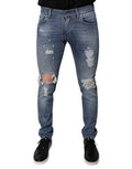 Men's Blue Tattered Cotton Stretch Skinny Denim Jeans Clothing