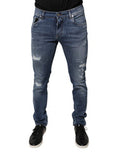 Men's Blue Tattered Cotton Stretch Skinny Denim Jeans Elastane Clothing