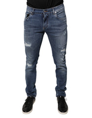 Men's Blue Tattered Cotton Stretch Skinny Denim Jeans Elastane Clothing