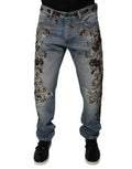 Men's Light Blue Embroidered Skinny Denim Jeans Cotton Clothing