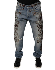 Men's Light Blue Embroidered Skinny Denim Jeans Cotton Clothing