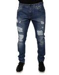 Men's Blue Cotton Tattered Skinny Denim Jeans Elastane Clothing