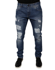 Men's Blue Cotton Tattered Skinny Denim Jeans Elastane Clothing