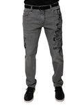 Men's Gray Graphic Print Cotton Skinny Denim Jeans Elastane Clothing
