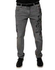 Men's Gray Graphic Print Cotton Skinny Denim Jeans Elastane Clothing
