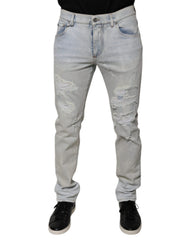 Men's Light Blue Cotton Blend Tattered Skinny Denim Jeans Polyester Elastane Clothing