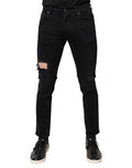 Men's Black Cotton Tattered Skinny Denim Logo Jeans Elastane Clothing