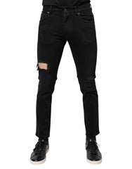 Men's Black Cotton Tattered Skinny Denim Logo Jeans Elastane Clothing