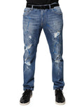 Men's Blue Cotton Stretch Tattered Skinny Denim Jeans Elastane Clothing