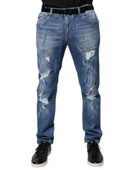 Men's Blue Cotton Stretch Tattered Skinny Denim Jeans Elastane Clothing