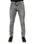Men's Gray Logo Plaque Cotton Slim Fit Denim Jeans Elastane Clothing