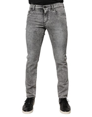 Men's Gray Logo Plaque Cotton Slim Fit Denim Jeans Elastane Clothing