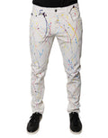 Men's White Splash Print Skinny Denim Jeans Cotton Elastane Clothing