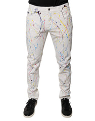 Men's White Splash Print Skinny Denim Jeans Cotton Elastane Clothing