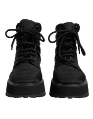 Men's Black Padded Mid Calf Lace Up Boots Shoes Nylon Leather Pc