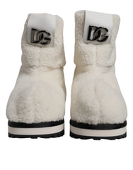 Men's White Plush Logo Padded Mid Calf Boots Shoes Fabric