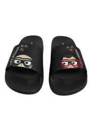 Men's Embroidered Face Leather Slide Black Calf Polyester