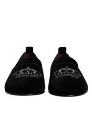 Men's Black Velvet Crystal Crown Loafers Formal Dress Shoes Cotton