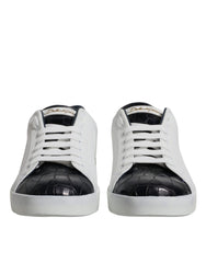 Men's White Black Leather Portofino Sneakers Shoes And Calfskin Crocodile