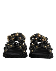 Men's Black Leather Studded Slides Sandals Shoes Calfskin