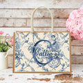 Personalizada Toile De Jouy Multicolor Bolsa de Yute Grande con Nombre e Inicial Trave Diario Esencial Cumpleaños Aniversario Regalo para Mujeres Amigos