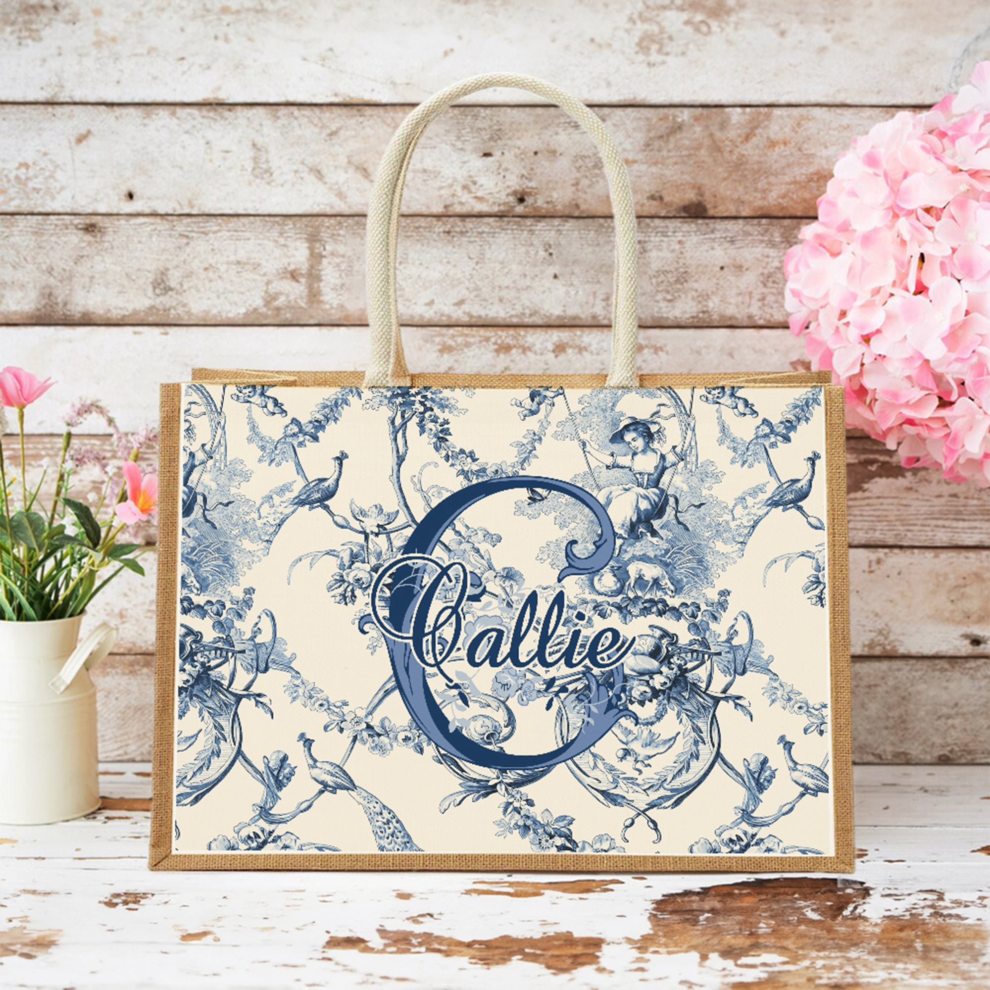 Personalizada Toile De Jouy Multicolor Bolsa de Yute Grande con Nombre e Inicial Trave Diario Esencial Cumpleaños Aniversario Regalo para Mujeres Amigos